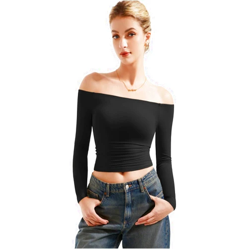 SUUKSESS Women Off Shoulder Double Lined Long Sleeve Shirts Basic Going Out Tops