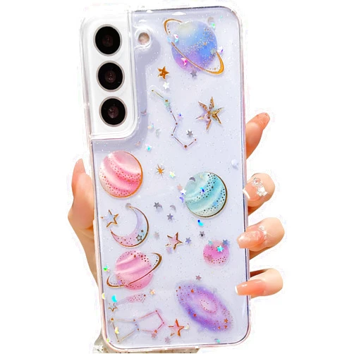 LSEEKA for Samsung Galaxy S22 Clear Case with Glitter Stars Planet Universe Design,Sparkle Bling Cute Slim Soft TPU Protective Women Girl's Phone Cover for Samsung Galaxy S22