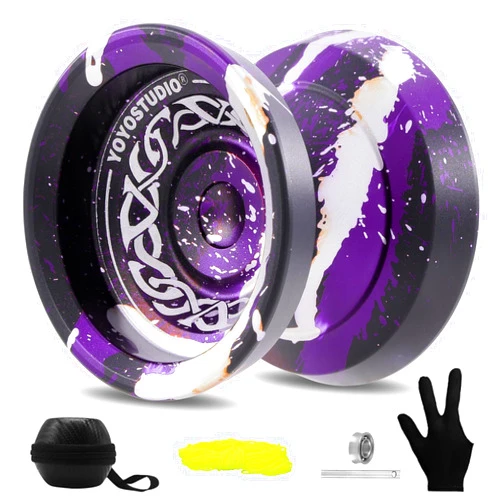 YOYOSTUDIO F25 Trick Yoyo Professional Responsive Yoyo for Kids 8-12, Unresponsive Yo yo for Finger Spin Trick, Pro Yo yo with Yoyos Accessory Kit, 10 Yo-Yo Strings, Case & Glove - Black Purple Silver