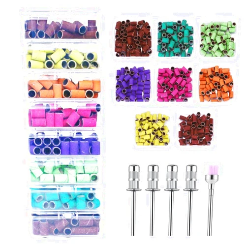 Yreihn 400 Pcs Sanding Bands for Nail Drill with 4 Mandrel Bits for Manicure and Pedicure, 60/80/100/120/150/180/240/320 Grit
