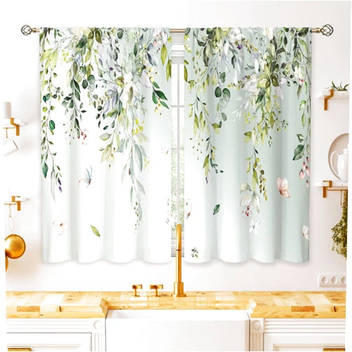 Oolygoo Eucalyptus Botanical Leaves Floral Kitchen Window Curtains Butterfly Farmhouse Flower Leaf Small Window Treatment Sage Green Cafe Short Curtains for Bathroom Treatment Tier Drapes 26x36 inch
