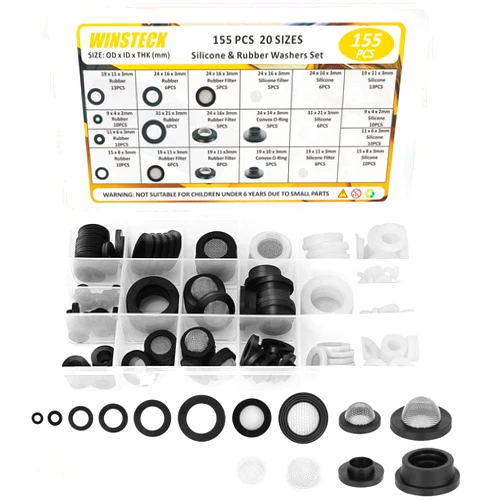 WINSTECK Rubber Washers, Shower Hose Washers 155 PCS 20 Sizes Rubber & Silicone Gasket, Garden Hose Washers Seals Kit with Screen Filter for Sealing Repair & Shower Hose/Faucet/Shower Head