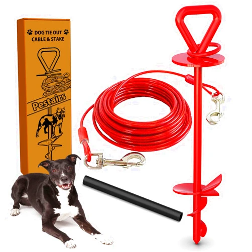 Pestairs 25 ft Dog Tie Out Cable and Stake - Dog Yard Leash and Stake for Medium to Large Dogs Up to 125 lbs -Spiral Blade Dog Stake for Yard Beach Lawn Outside
