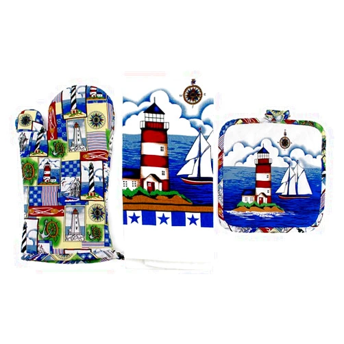 Capes Treasures Nautical Summer Kitchen Set - Dish Towel, Pot Holder, and Oven Mitt (Sailboat and Lighthouses)