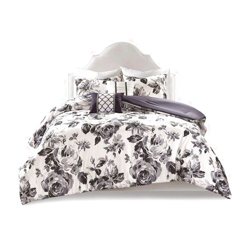 Intelligent Design Dorsey Comforter Reversible Flower Floral Botanical Printed Ultra-Soft Brushed All Season Bedding-Set, Twin/Twin XL, Black/White 4 Piece