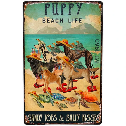 RIFOSA Home Decoration Tin Signs Dog And Turtles Puppy Beach Life Sandy Toes Salty Kisses Tin Signs Indoor & Outdoor Home Bar Coffee Kitchen Wall Decor Metal Tin Sign Warning Sign 8x12 inch