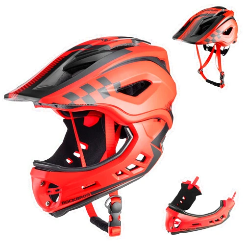 ROCKBROS Kids Full Face Bike Helmet Lightweight Toddlers Helmets Kids Mountain Bike Helmets Ages 5-14 Anti-collision Detachable Chin Kids Helmet for BMX Skateboard Scooter