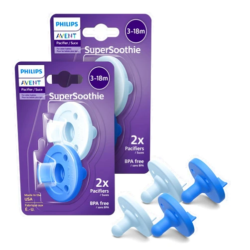 Philips Avent Soothie 3-18 Months Orthodontic Baby Pacifiers, 100% Silicone Pacifiers, One Piece, BPA-Free, 2 Sky Blue and 2 Light Blue, 4 Pack, Model SCF192/71