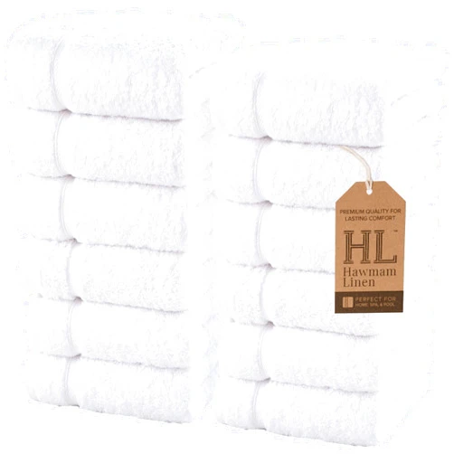 Hawmam Linen Luxury Cotton Washcloths 13x13 Inch - Large Hotel Spa Bathroom Face Towel | 12 Pack | White