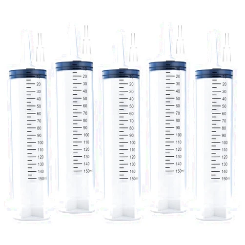 A AKRAF 5 Pack 150ml Reusable Plastic Syringe Individually Packaged for Scientific Labs and Dispensing Long-term Multiple Uses
