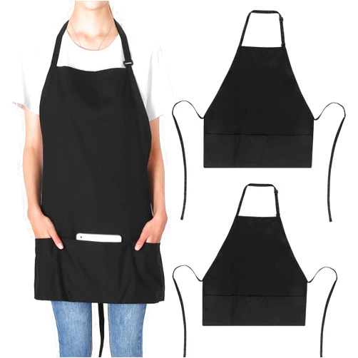 Jubatus 2 Pack 3 Pockets Adjustable Bib Apron 65% Polyester 35% Cotton Fabric Chef Kitchen Cooking Aprons for Women Men, Black