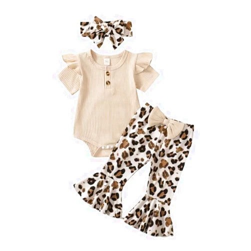 Bekarsy Baby Girl Clothes Infant Rib Button Short Sleeve Romper Leopard Flared Pants Headband Summer Clothing Set 3pcs