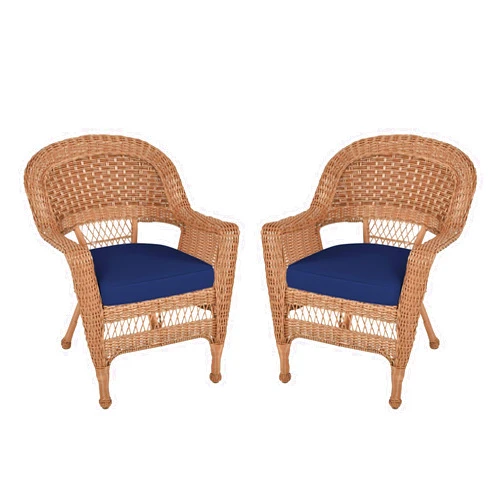 Jeco Wicker Chair with Blue Cushion, Set of 2, Honey/W00205-