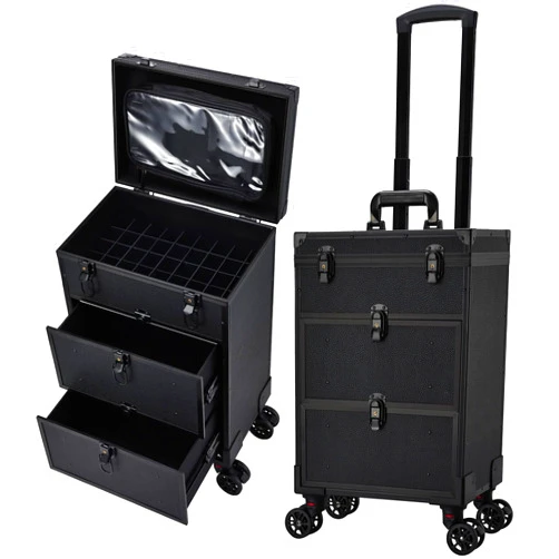 Costravio Professional 3 in 1 Rolling Makeup Case Cosmetology Case on Wheels 2 Large Drawer Nail Case Trolley Traveling Cosmetic Train Case with Makeup Pouch for Artists Nail Technician Salon Cart Trunk Black