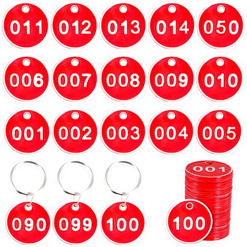 Lemecima 1-100 Numbered Key Tags Round Key ID Tags Aluminum Alloy Metal Number Tags Marking Hang Tags Luggage Labels with Rings for Dormitory Key Chain Box Cabinet Lockers, Red