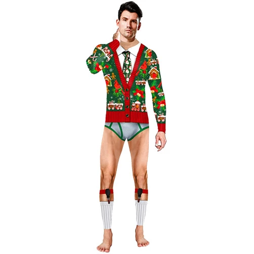 Panegy Men Ugly Christmas Jumpsuit Bodysuit Romper 3D Digital One Piece Outfit for Cosplay Role Play Party Printed with Sweater Top & Boxer Briefs & Socks Funny Novlety Catsuit