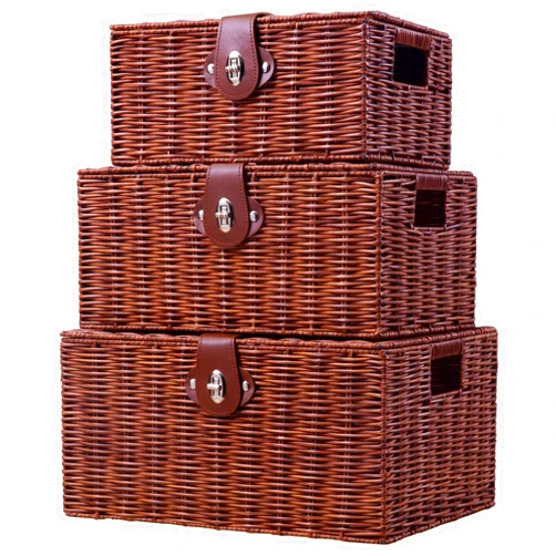 Homepeaz Set of 3 Woven Wicker Storage Basket Box with Lid & Lock, Built-in Carry Handles, Multifunctional Storage Organiser for Nursery, Baby, Clothes, Toys, Books, Large/Medium/Small Size (Natural)