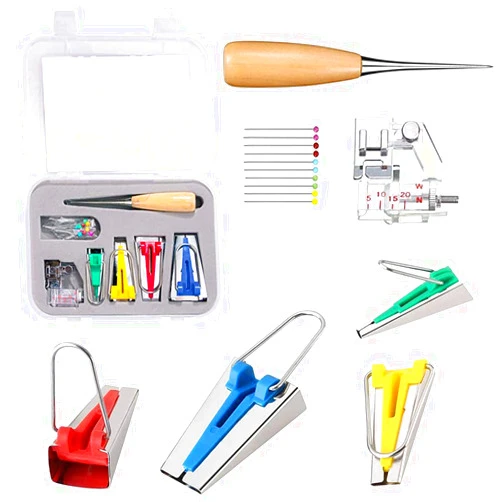 HONEYSEW Bias Tape Maker 6MM 12MM 18MM 25MM with Binder Foot Bradawl Quilting Clips Sewing Pins Kit (BTM-S2)