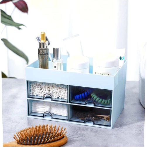 MILULUGO Desk Organizer with 4 Drawers, Makeup Organizer, 4 Compartments for nail polish, Lipstick, Brushes, Jewelry, Skincare, Bathroom Organization Boxes(Blue)