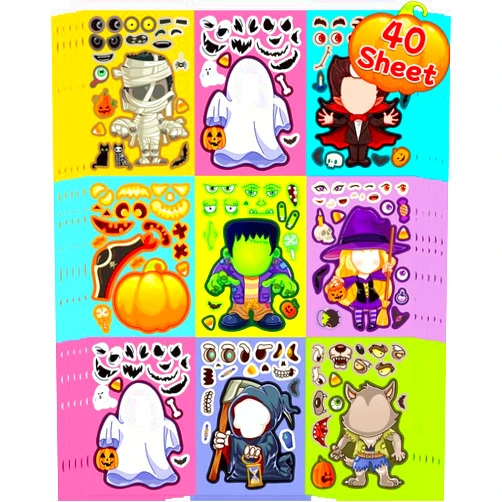 Benresive 40 Sheets Halloween Stickers for Kids, Halloween Crafts Party Favors for Kids, Halloween Holiday Party Games Stickers Bulk - Halloween Make a Face Stickers, Halloween DIY Stickers for Kids