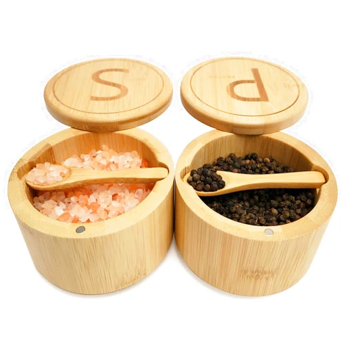 ThougrLyh Bamboo Salt Box Container with Lid and Spoon 2 Salt and Pepper Bowls with S P Pattern on Cover Magnetic Lock Swivel Lid Large Holder Keeper for Storage Sea Salt Seasoning Spice Cellar