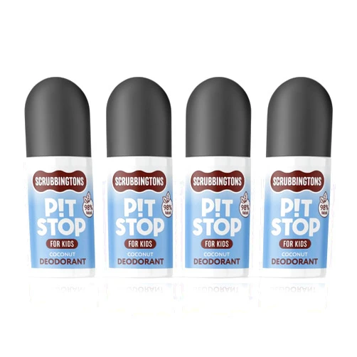 Scrubbington's Scrubbingtons Pit Stop Kid’s Deodorant, Children’s Roll-On Deodorant with Gentle Formulation, Aluminium and Alcohol Free, Coconut Scent – 75ml Quad Pack