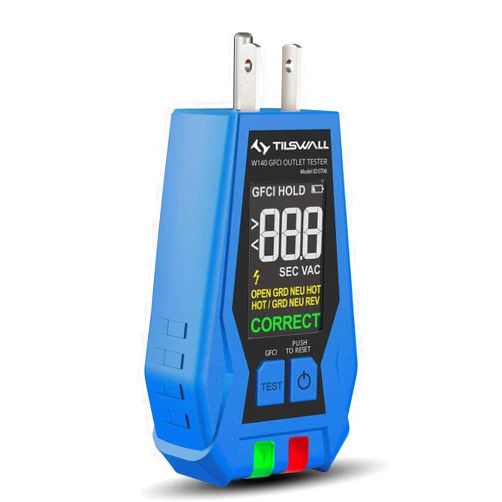 TILSWALL GFCI Outlet Tester Plug in - Tilswall W140 Receptacle Tester with Color Display (Display Voltage, Trip Time, Common Wiring Faults) for Standard 3-Wire 120V, 15 20 Amp Outlet, CAT II 135V Safety Rating