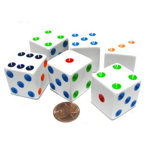KOVE Set of 6 D6 25mm Large Opaque Jumbo Dice - White with Multicolor Pip by Koplow Games