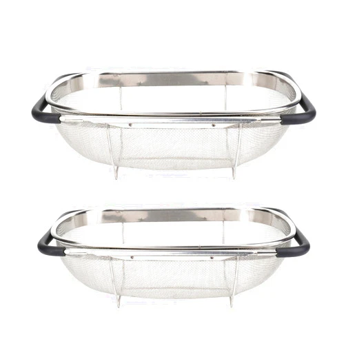 Suwimut 2 Pack Over the Sink Oval Colander for Kitchen, Stainless Steel Fine Mesh 6 Quart Strainer Basket with Expandable Rubber Grip Handles for Straining, Draining, Rinsing Fruits, Vegetables
