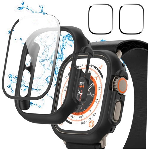 Cuteey [2+2] Pack Case for Apple Watch Ultra 2 Ultra 49mm Screen Protector, Cuteey Waterproof Separate No Foggy Tempered Glass Screen Protector with Hard PC Cover Bumper for iWatch Ultra Accessories
