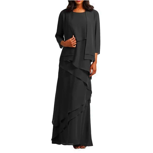 EcubMaker Mother of The Bride Dresses with Jacket Chiffon Tiered Ruffles Long Formal Evening Gowns MT066