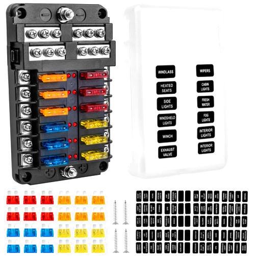 BetyBedy 12 Way Fuse Block, 12V Marine Fuse Box with LED Indicator, Automotive 12-Circuit Blade Fuse Block with Waterproof Cover for RV Motorcycle Boat Vehicle, 24PCS Fuses ＆ Tip Stickers Included