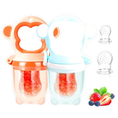 HAOBAOBEI Baby Fresh Fruit Feeder Pacifier, 2 Pack HAOBAOBEI Baby Teether for Chewing, Freezable Infant Teething Toy, Teething Relief, Food Feeder with 4 Silicone Pouch, BPA Free - Monkey (Orange & Blue)