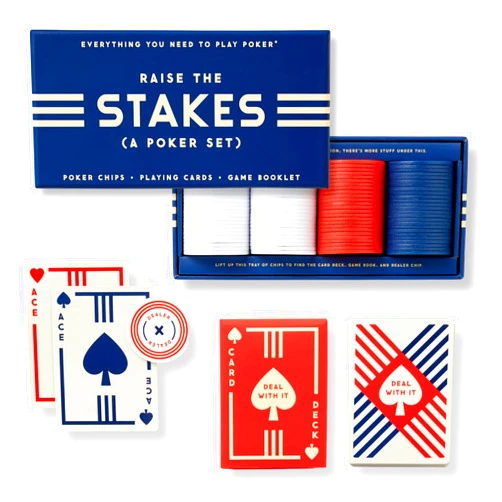 Brass Monkey Raise The Stakes – Classic Poker Starter Game Set with 100 Poker Chips Dealer Marker and Designed Deck of Cards, Suitable for 2+ Players, Great for Beginners!