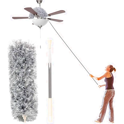 Azun Microfiber Duster with Extension Pole(Stainless Steel) 30 to 100'', with Bendable Head, Extendable Long Duster for Cleaning Ceiling Fan, High Ceiling, Keyboard, Furniture Cars