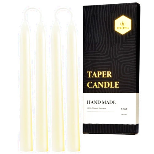 TELOSMA 8 inch Beeswax Taper Candles 4 Pack - All Natural, 100% Pure Unscented Bee Wax Candle, Dripless, 5 Hours Burnning Time -Off White