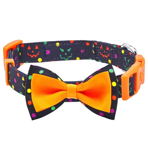 Blueberry Pet 2023 New Halloween Polka Dot Adjustable Dog Collar with Detachable Bowtie, Medium, Neck 14.5