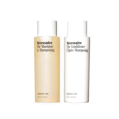Nécessaire The Hair Duo. 2 x Full-Size. The Shampoo + The Conditioner. Hyaluronic Acid + Vitamin B Complex. Fragrance-Free. Approved by the National Eczema Association.