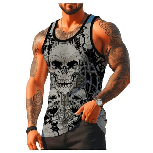 WDIRARA Men's Gothic Skull Print Tank Top Sleeveless Crew Neck Athletic Workout Tops