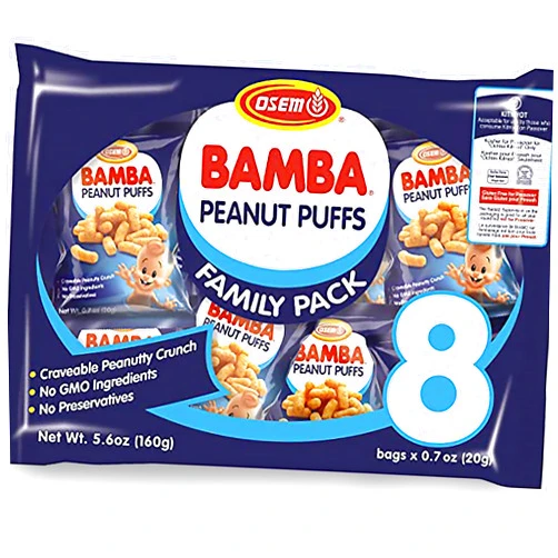 Osem Bamba Peanut Snacks for the Family - All Natural Peanut Puffs (Pack of 8) 0.7oz bags - Only 4 Ingredients - Peanut Butter Puffs made with 50% peanuts.