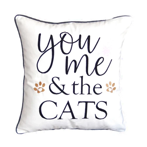 DECOPOW Embroidered Throw Pillow Cover,Square 18 inches Decorative Canvas Pillow Cover with You Me and The Cats,Cover Only