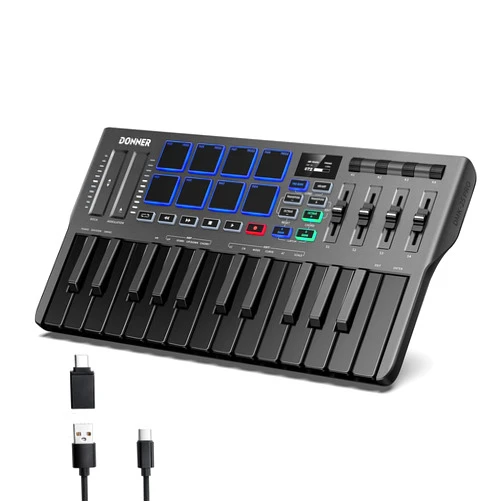 Donner DMK25 Pro MIDI Keyboard Controller, 25 Mini Key Portable USB-C MIDI Keyboard with 8 Drum Pads, OLED Display, Personalized Touch Bar, Music Production Software and 40 Teaching Courses