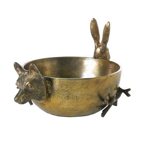 The Barrington Garage Rabbit and Fox with Branch Cast Metal Decorative Bowl, Matte Antique Brass