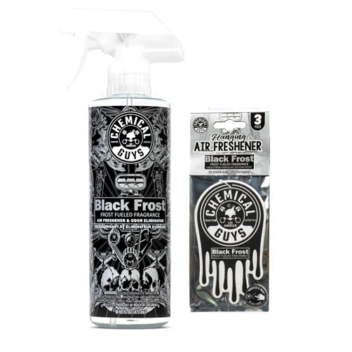 Chemical Guys Black Frost Air Freshener and Odor Eliminator, 16 fl oz Spray with 3 Pack of Hanging Air Fresheners (Great for Cars, Trucks, SUVs, RVs, Home, Office, Dorm Room & More) - HOL432
