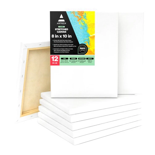 ARTEZA Stretched Canvas, 8 x 10 Inches, Pack of 12, Blank White Canvas for Painting for Acrylic, Oil and Gouache Paints