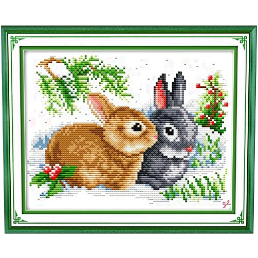 Stitchmelody 14CT Counted Cross Stitch Kits,DMC Unprinted Pattern Embroidery Set Needlework-Lucky Rabbitst 10''×7.5''