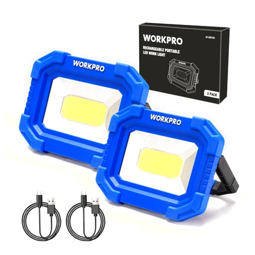 WORKPRO LED Work Light, Rechargeable Magnetic Work Lights with Stand, Portable, Waterproof, 2000LM COB Flood Light for Camping, Fishing, Car Repair, Job Site Lighting, Hiking, 4 Modes, 2 Pack