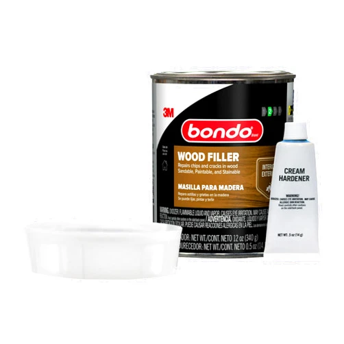 Bondo Wood Filler 12 oz with Hardener 0.5 oz, Repairs Chips and Cracks in Wood, Sandable, Paintable, and Stainable