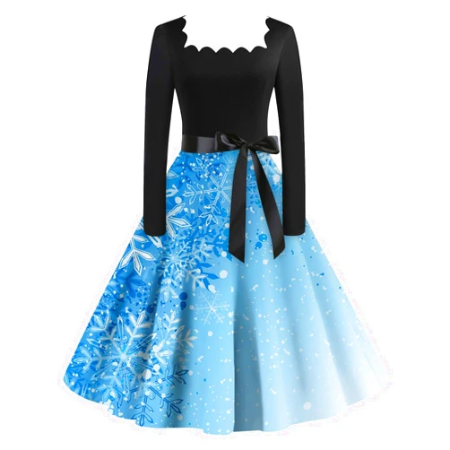 AMXYFBK Christmas Dresses for Women Long Sleeve Square Neck Retro 1950S Dress with Belt 2024 Christmas Tree V Neck Prom Dress