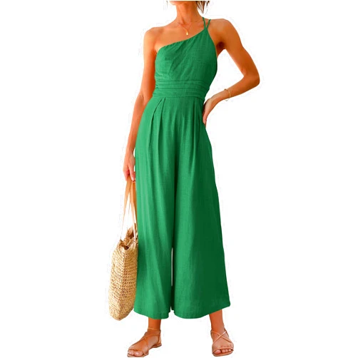 ANRABESS Women's Summer Straps One Shoulder High Waist Casual Wide Leg Linen Jumpsuit Romper with Pockets